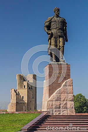 SHAHRISABZ, UZBEKISTAN: APRIL 29, 2018: Statue of Amir Temur Tamerlane in Shahrisabz, Uzbekist Editorial Stock Photo