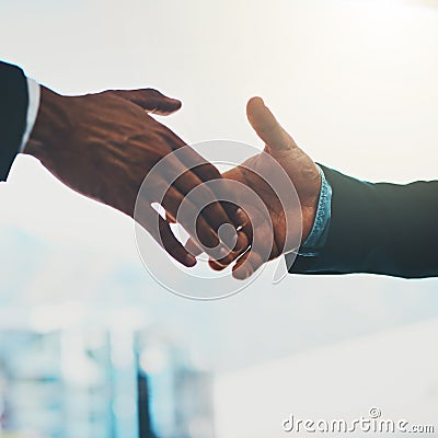 Shake on it and make it happen. two businessmen shaking hands. Stock Photo