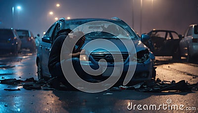 A shaken person involved in a car accident sits at the scene of the accident and is distraught Stock Photo