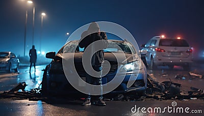 A shaken person involved in a car accident sits at the scene of the accident and is distraught Stock Photo
