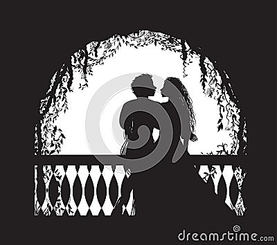 Shakespeare s play Romeo and Juliet on balcony, romantic date, silhouette, love story, Vector Illustration