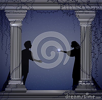 Shakespeare s play Romeo and Juliet at night, romantic date, silhouette, love story, Vector Illustration