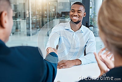 Shaking hands, interview and business people give a handshake after hiring a new company employee. Onboarding, thank you Stock Photo