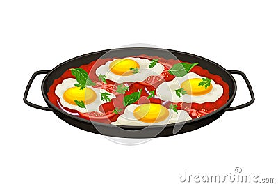 Shakshuka Dish of Poached Eggs in Tomato Sauce Served in Cast Iron Pan Vector Illustration Vector Illustration