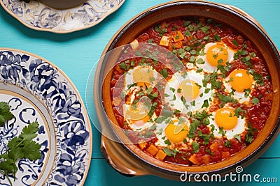 shakshuka in a white porcelain dish on a turquoise tablecloth Stock Photo