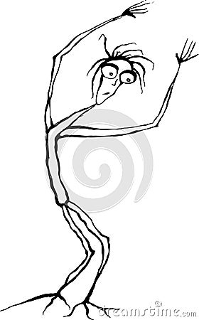 Shaky tall man with big eyes and arms raised overhead Vector Illustration