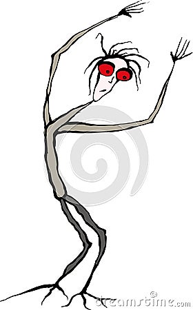 Shaky tall man with big red eyes and arms raised overhead Vector Illustration