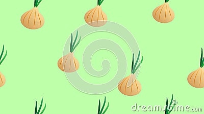 Shallot onion seamless pattern. Cut spring onions, sliced scallion, whole salad onions. Onion set for fabric, textile, print Vector Illustration
