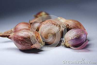 Shallot on red background with shadow Stock Photo