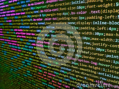 Shallow Depth of Field effect. Computing, cyberspace , future and innovation concept. Program code PHP HTML CSS of site. Abstract Stock Photo