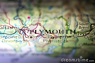 Shallow depth of field focus on geographical map location of Plymouth city England United Kingdom Great Britain Europe continent o Stock Photo