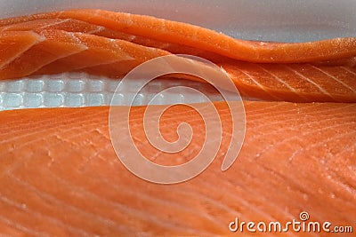 Shallow depth of field. Salmon fillets close-up. Japanese food. Stock Photo