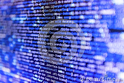 Shallow depth of field, selective focus effect. Programming source code abstract screen of software developer. Template of website Stock Photo