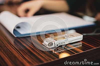 Shallow depth of field selective focus image with an audio recorder of a woman journalist during an interview Stock Photo