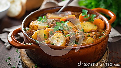 Shallow depth of field (selective focus) image with British Lancashire hotpot dish. Generative AI Stock Photo