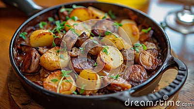 Shallow depth of field (selective focus) image with British Lancashire hotpot dish. Generative AI Stock Photo