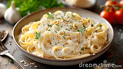 Shallow depth of field (selective focus) image with fettucine alfredo. Generative AI Stock Photo