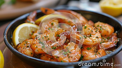 Shallow depth of field (selective focus) image with Spanish gambas al ajillo. Generative AI Stock Photo