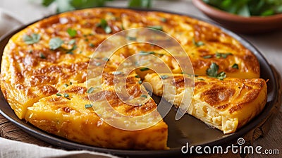 Shallow depth of field (selective focus) image with Spanish tortilla espanola dish. Generative AI Stock Photo