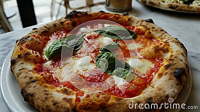 Shallow depth of field (selective focus) image with a tasty napoletan pizza. Generative AI Stock Photo