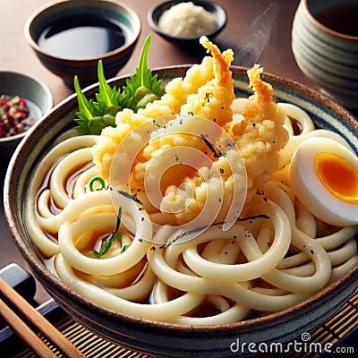 Shallow depth of field showing a tempting bowl of tempura udon, highlighting its textures Stock Photo