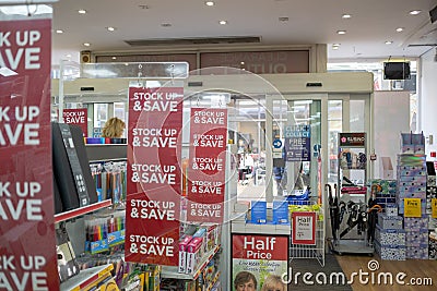 Shallow focus of Sales Banners seen within a well-known book store and stationary seller. Editorial Stock Photo