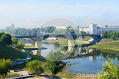 Shallowing of Western Dvina river bed due to dry summer, Vitebsk, Belarus Stock Photo
