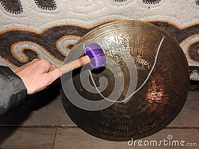 Shaman drums in the hands of Shamans. Ritual. Ceremony. Near Stock Photo