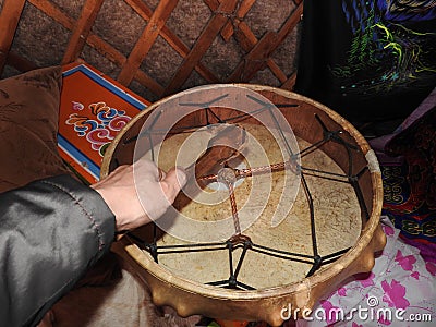 Shaman drums in the hands of Shamans. Ritual. Ceremony. Near Stock Photo