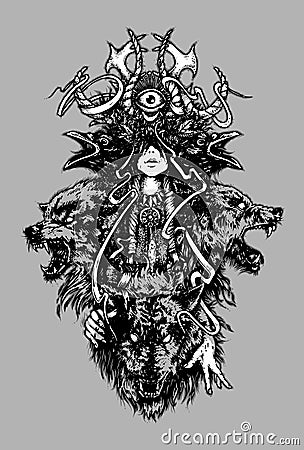The shaman girl. Wolves and crows, witchcraft. Hand drawing for T-shirt or tattoo Vector Illustration