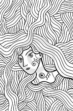 Shaman mystic girl with wavy hair. Doodle coloring page for adul Vector Illustration