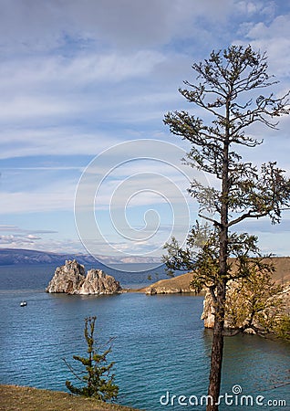 Shaman Rock, Cape Burhan, or Shamanka in autumn, Baikal lake, Russi Stock Photo