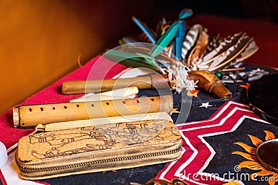 Shaman spiritual tools on the table close up Stock Photo