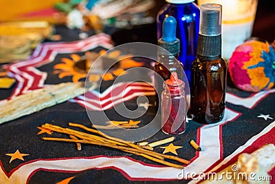 Shaman spiritual tools on the table close up Stock Photo