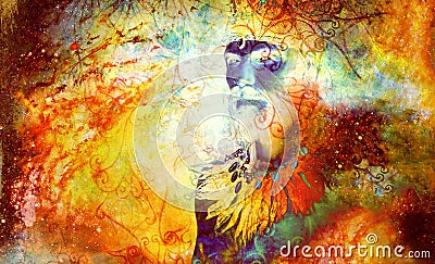 Shamanic man with on abstract structured space background. Stock Photo