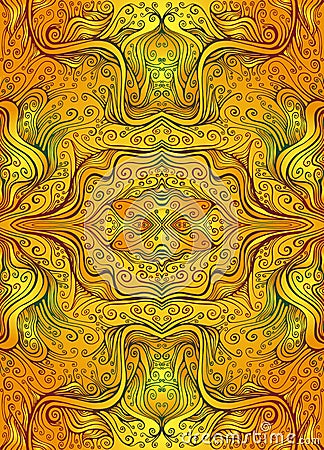 Shamanic psychedelic fractal abstract background with kaleidoscope pattern curls and waves. Vector Illustration