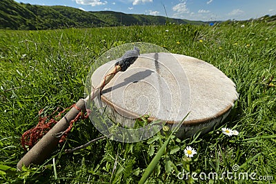 Shamanic tambourine on a meadow 2017 Stock Photo