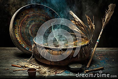 Shamanism, Magic Rituals and Practical Techniques. Magic shaman symbols and witchcraft staff still life. AI generative Stock Photo