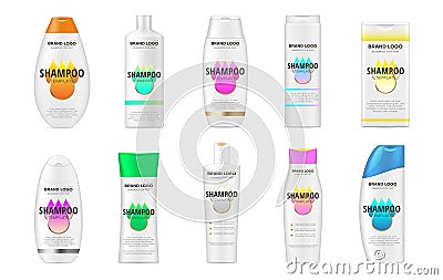 Shampoo bottles flasks of various shapes realistic mock ups set. Hair care product packaging templates Cartoon Illustration