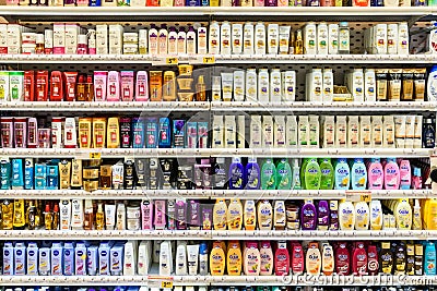 Shampoo Bottles For Sale On Supermarket Stand Editorial Stock Photo