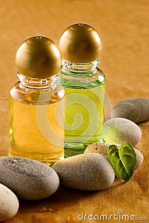 Shampoo bottles with stones Stock Photo