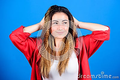 Shampoo and conditioner. Pampering routine. Hairdresser salon. Damaged hair. Crimped hairstyle. Girl stylish hairstyle Stock Photo