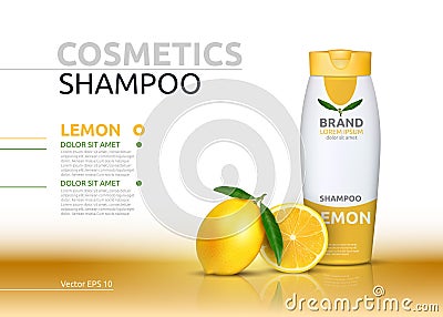 Shampoo cosmetic realistic mock up package orange essence. Vector 3D illustration. Cosmetic package ads template Vector Illustration