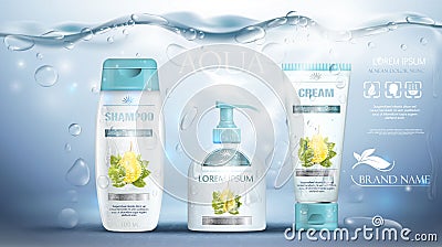 Shampoo packaging, cream tube, soap bottle advertising realistic underwater blue template. Body care products promotion. Vector Illustration