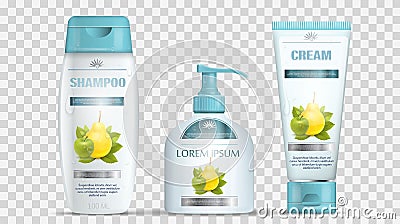 Shampoo packaging, cream tube, soap bottle with water drops template design. Cosmetic brand template. Body care products. Vector Vector Illustration