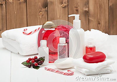 Shampoo, Soap Bar And Liquid. Toiletries, Spa Kit Stock Photo