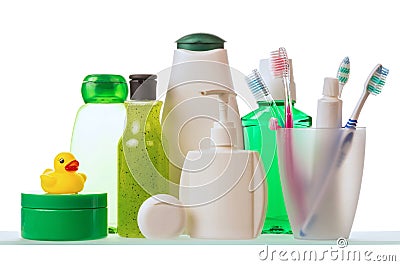 Shampoo and toothpaste with toothbrushes Stock Photo