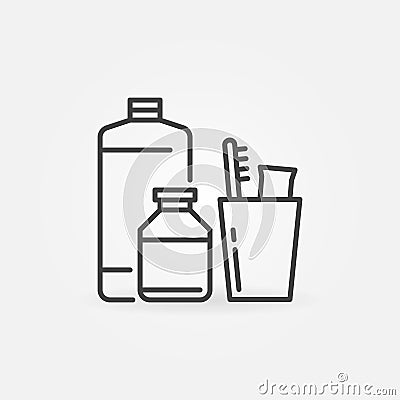 Shampoos and a glass with a toothbrush vector line icon Vector Illustration