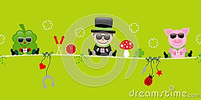 Shamrock Chimney Sweep And Pig With Sunglasses Hanging Icons New Years Eve Green Vector Illustration