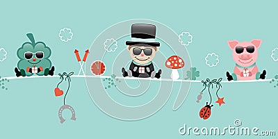 Shamrock Chimney Sweep And Pig With Sunglasses Hanging Icons New Years Eve Turquoise Vector Illustration